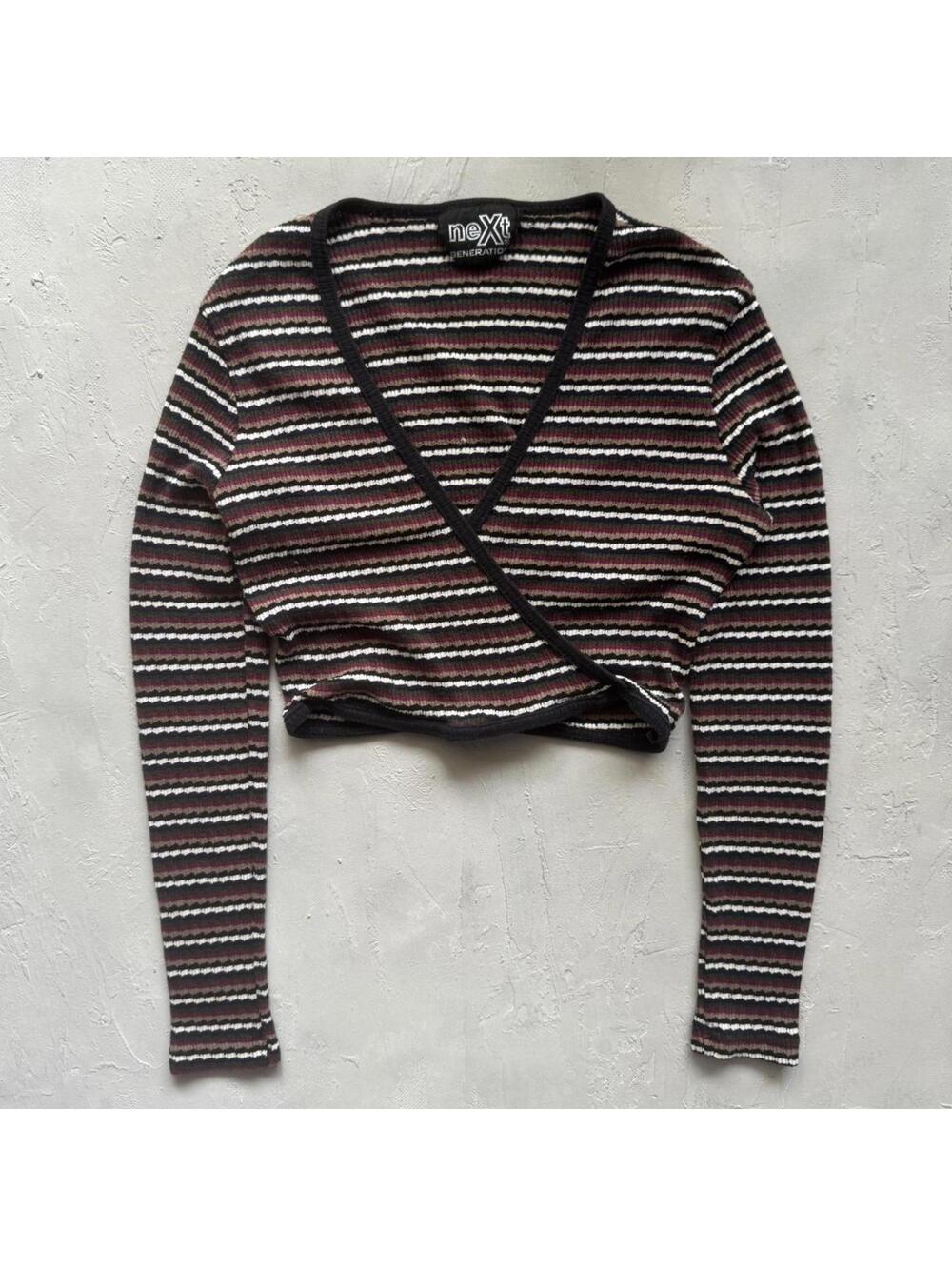 Vintage 2000s Ribbed Striped Long Sleeve Wrap Top Cropped Rave